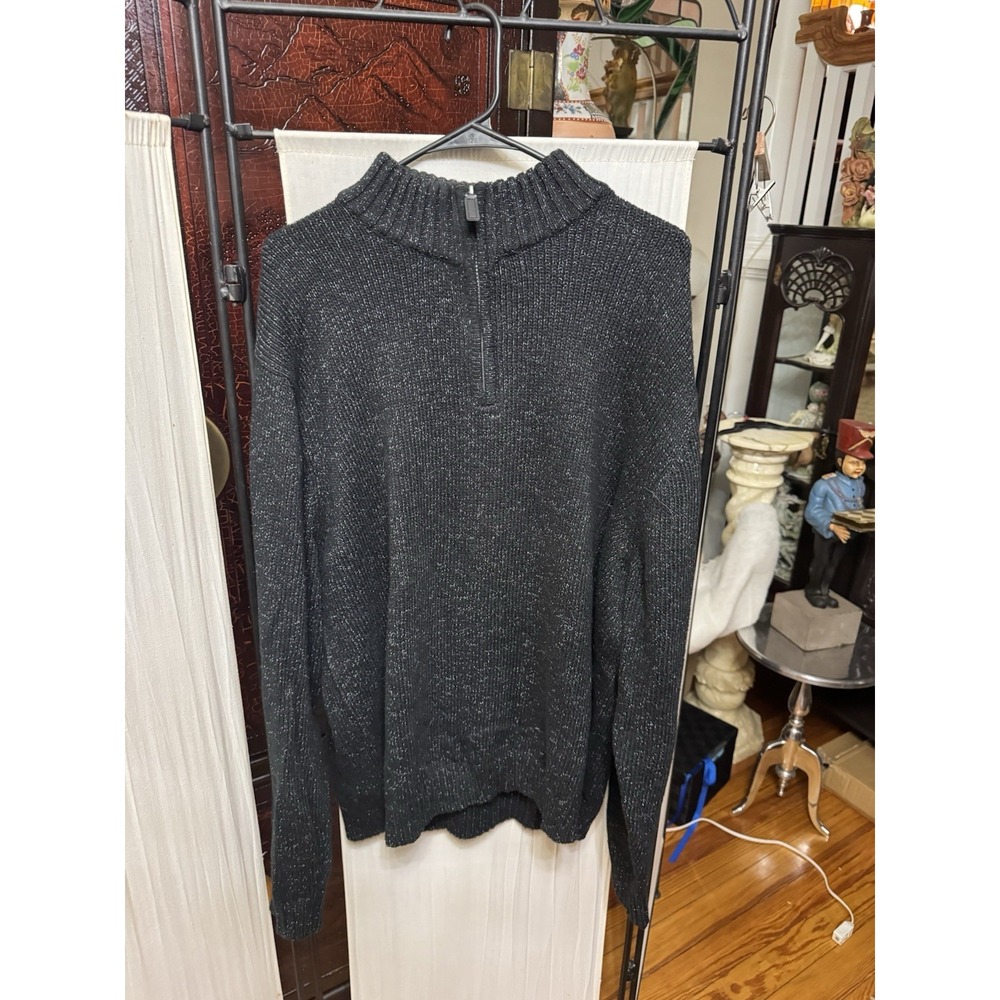 Chaps Quarter Zip Sweater Mens XXL Black Gray Marled Cotton Knit Mock Neck